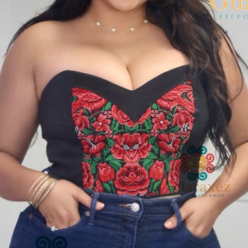 Floral Embroidered Black Tube Top